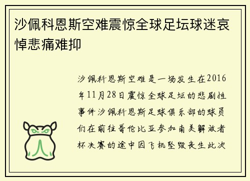 沙佩科恩斯空难震惊全球足坛球迷哀悼悲痛难抑
