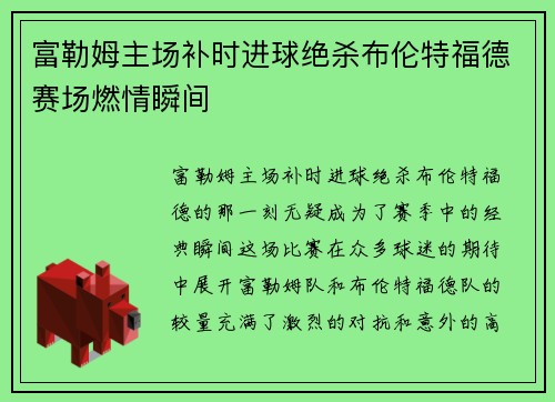 富勒姆主场补时进球绝杀布伦特福德赛场燃情瞬间 富勒姆主场补时进球绝杀布伦特福德赛场燃情瞬间